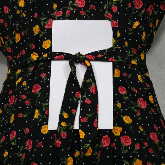 Vintage 50’s DJI Black Rayon Floral Midi Dress w/ Drawstring Belt SZ 10 EUC - Picture 5 of 8